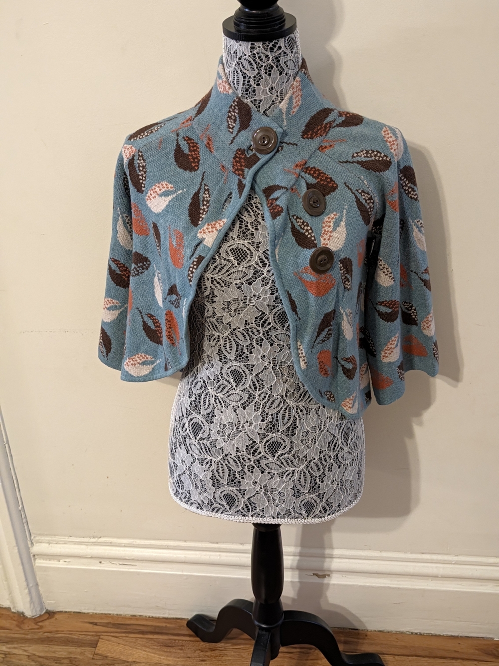 Anthropologie Blue Leaf-Print Cropped Button Cape Sweater